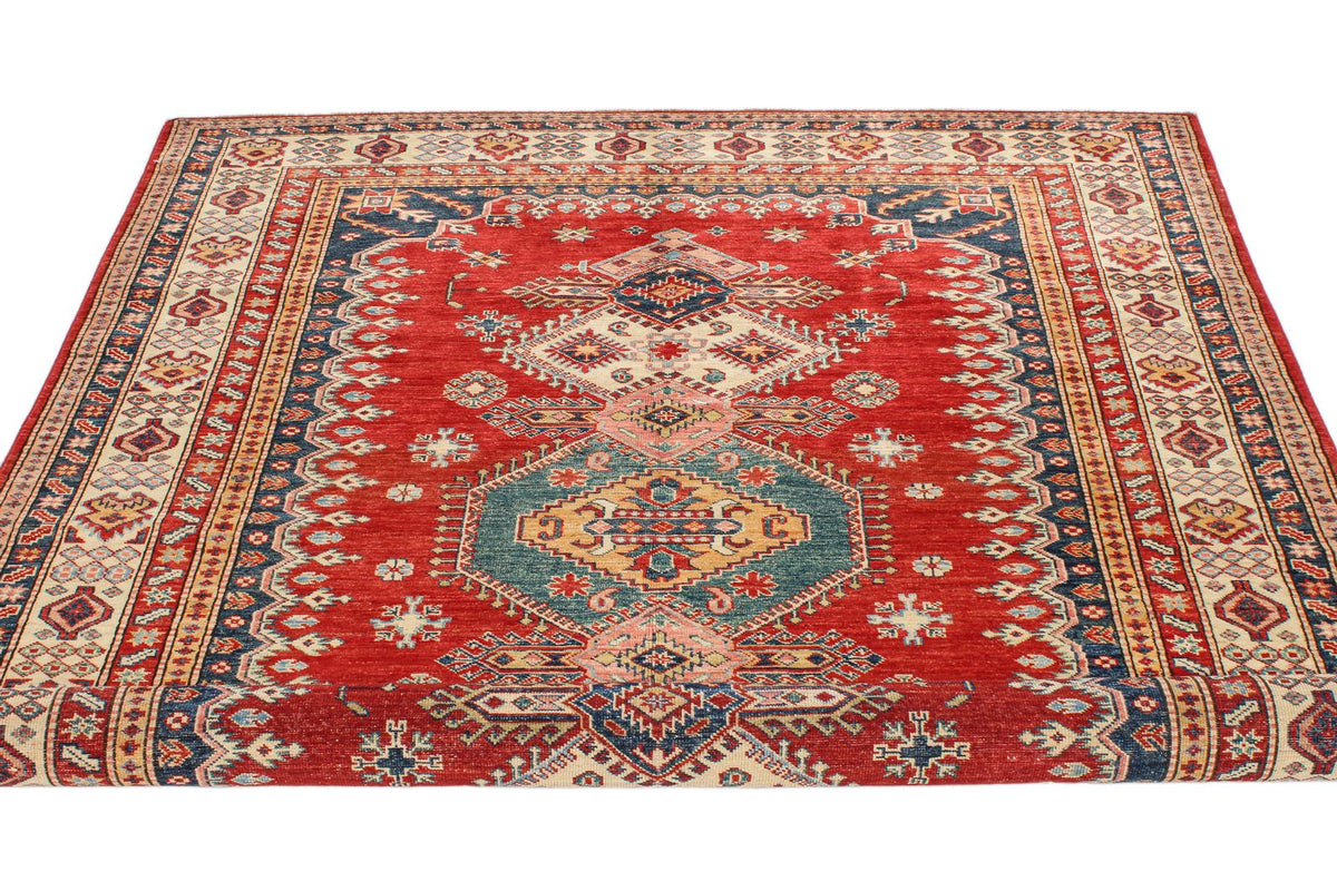 6x8 Red and Ivory Kazak Tribal Rug