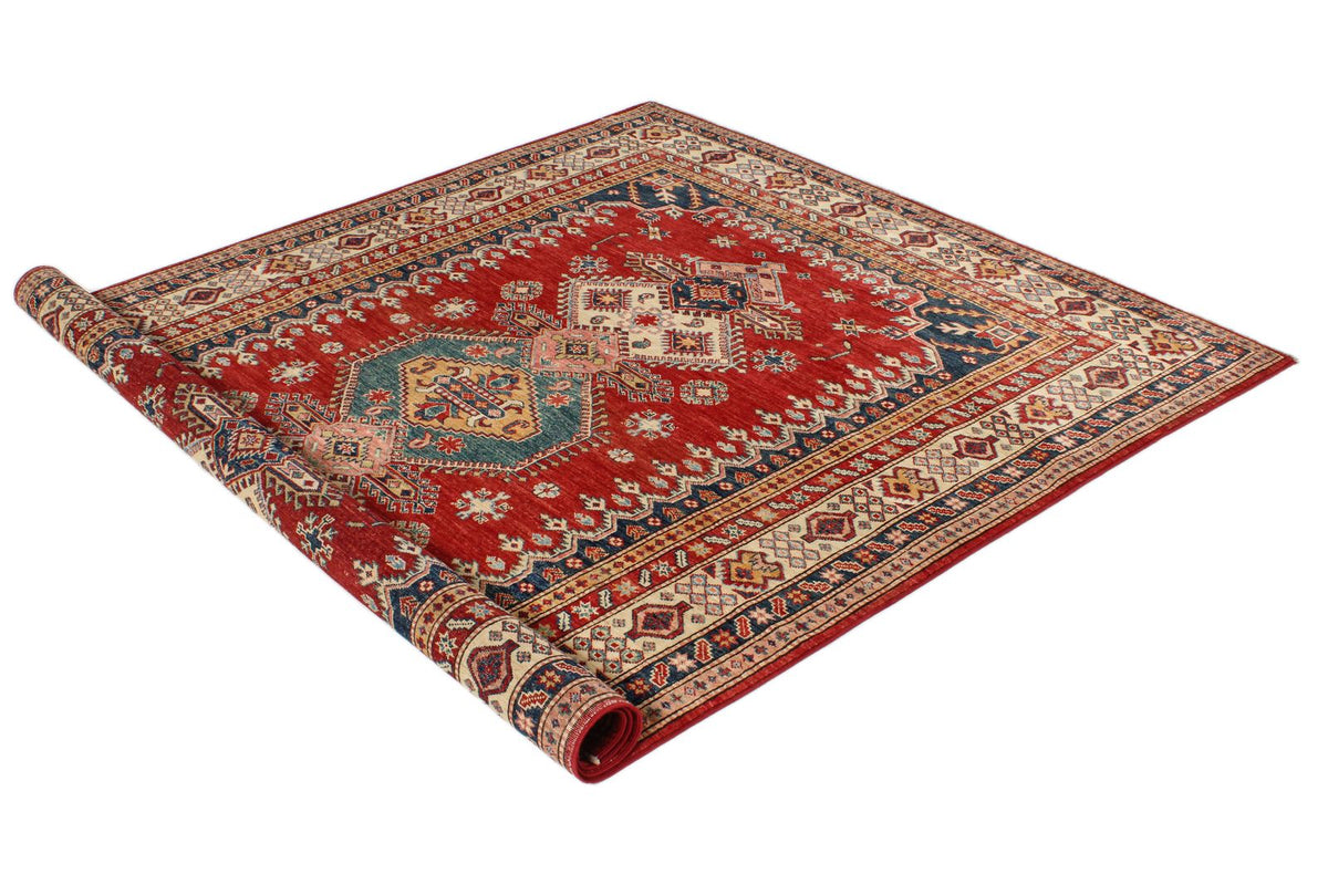 6x8 Red and Ivory Kazak Tribal Rug