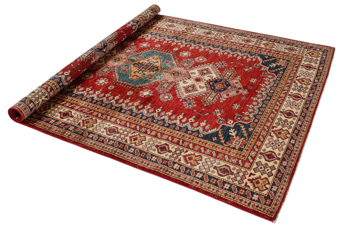 6x8 Red and Ivory Kazak Tribal Rug