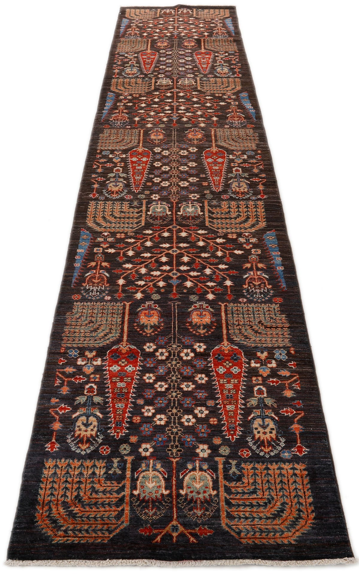 3x14 Dark Brown and Multicolor Turkish Tribal Runner