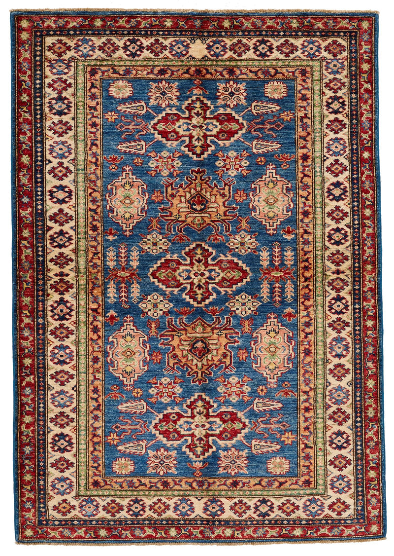 4x6 Blue and Beige Kazak Tribal Rug