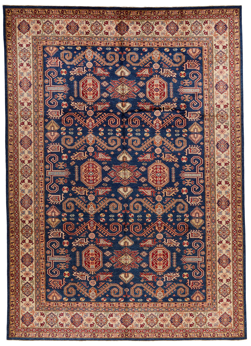 9x12 Navy and Ivory Kazak Tribal Rug