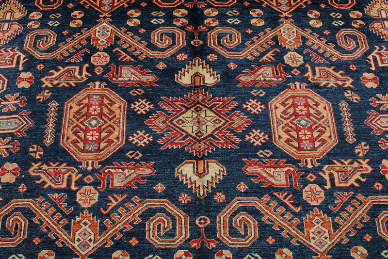 9x12 Navy and Ivory Kazak Tribal Rug