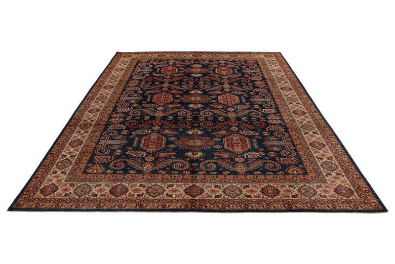 9x12 Navy and Ivory Kazak Tribal Rug