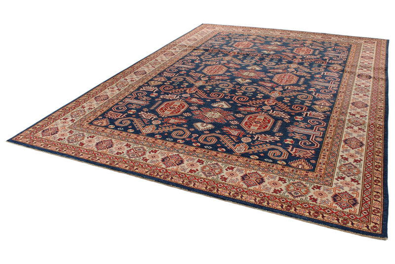 9x12 Navy and Ivory Kazak Tribal Rug