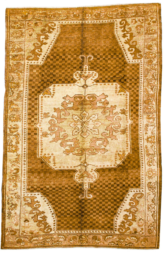 6x10 Brown and Ivory Turkish Tribal Rug