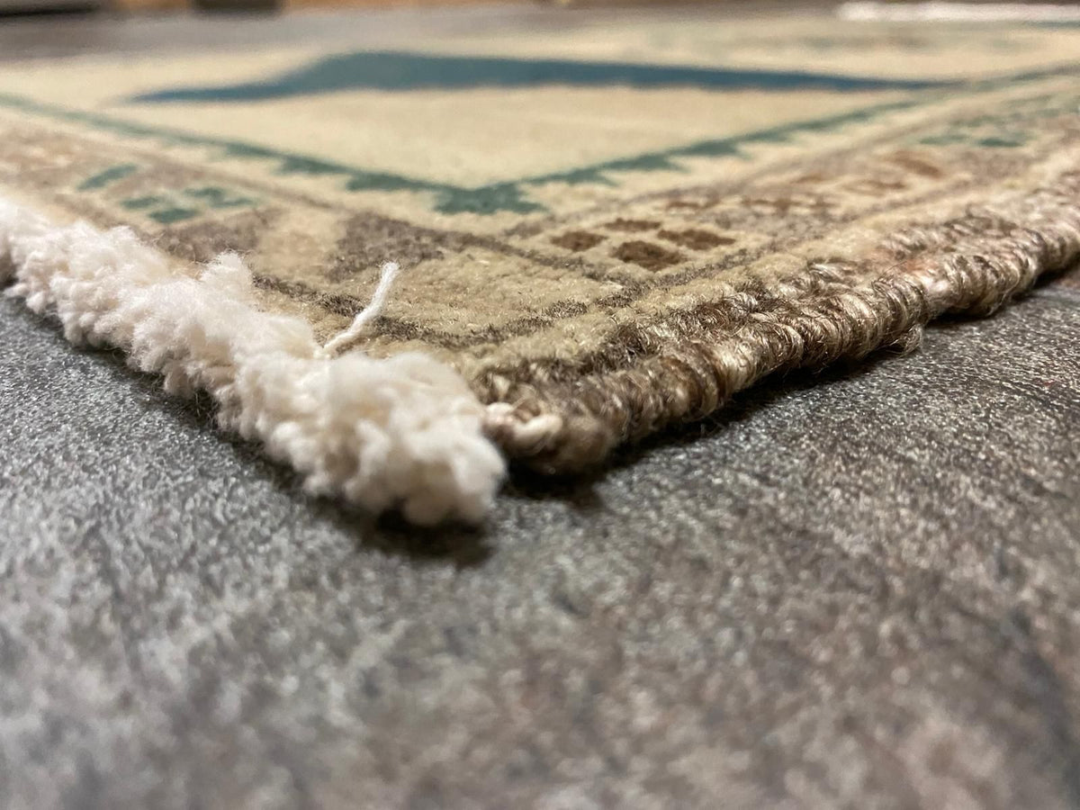 2x3 Ivory and Blue Turkish Tribal Rug