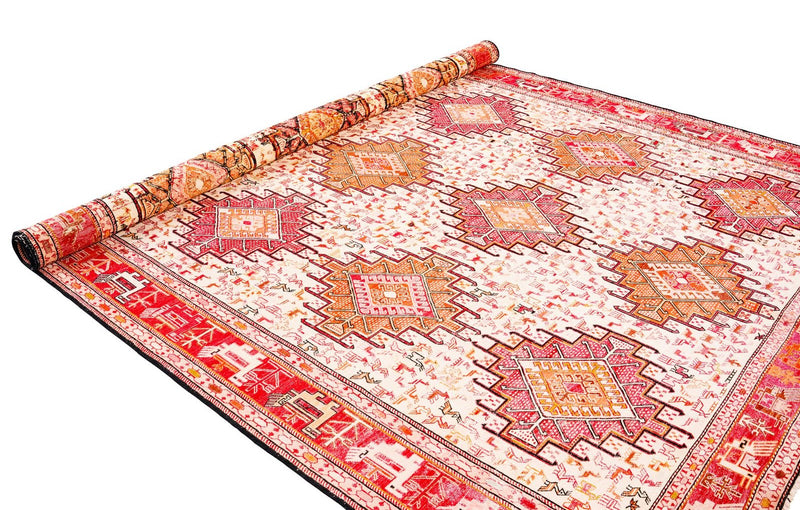 7x9 Red and Beige Turkish Patchwork Rug