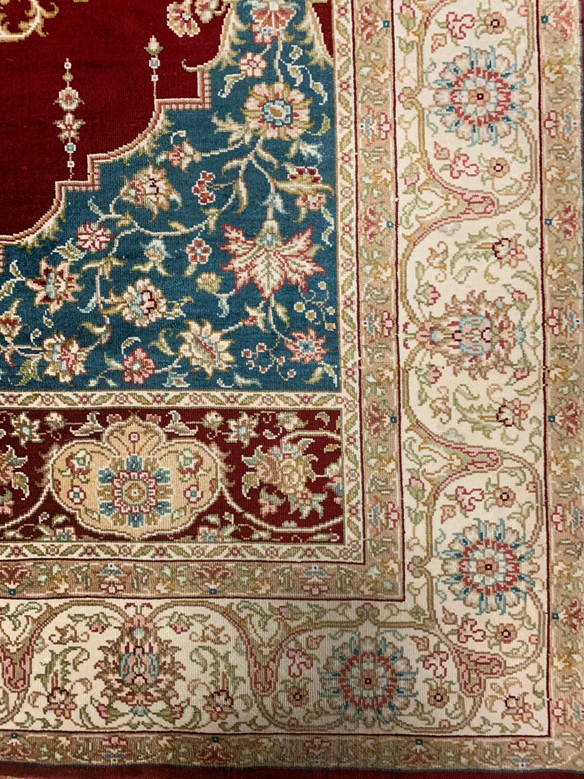 Vintage Handmade 3x4 Red and Ivory Anatolian Turkish Silk Hereke Distressed Area Rug