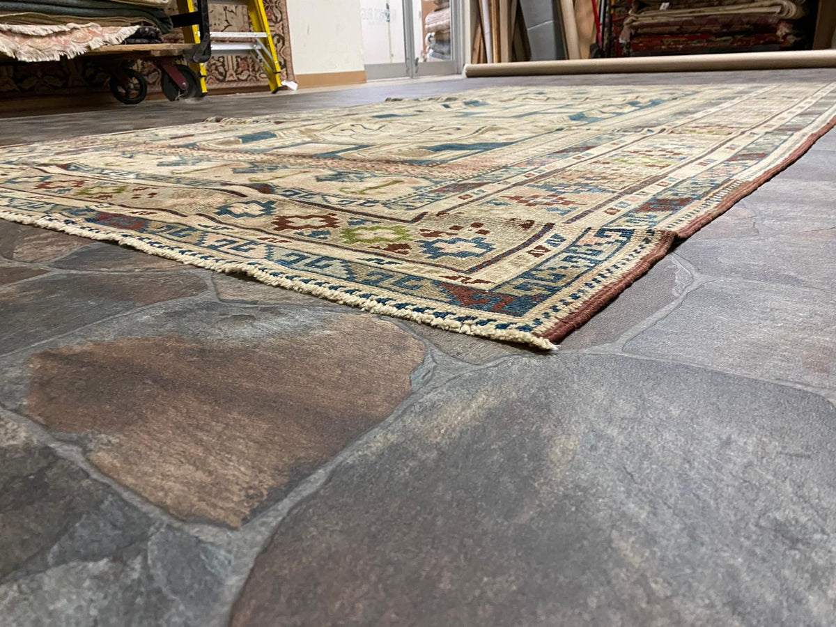 6x10 Beige and Navy Turkish Tribal Rug