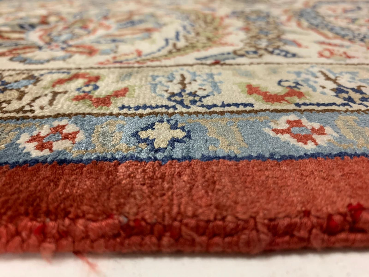 Vintage Handmade 7x10 Red and Ivory Anatolian Turkish Silk Hereke Distressed Area Rug