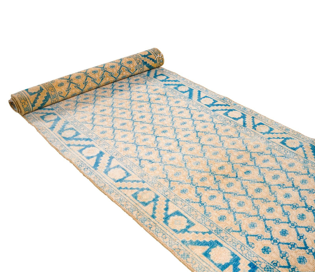 2x9 Beige and Blue Persian Tribal Rug