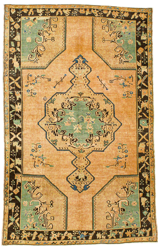 6x10 Ivory and Blue Turkish Tribal Rug