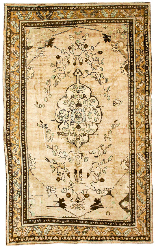 7x11 Beige and Ivory Turkish Tribal Rug
