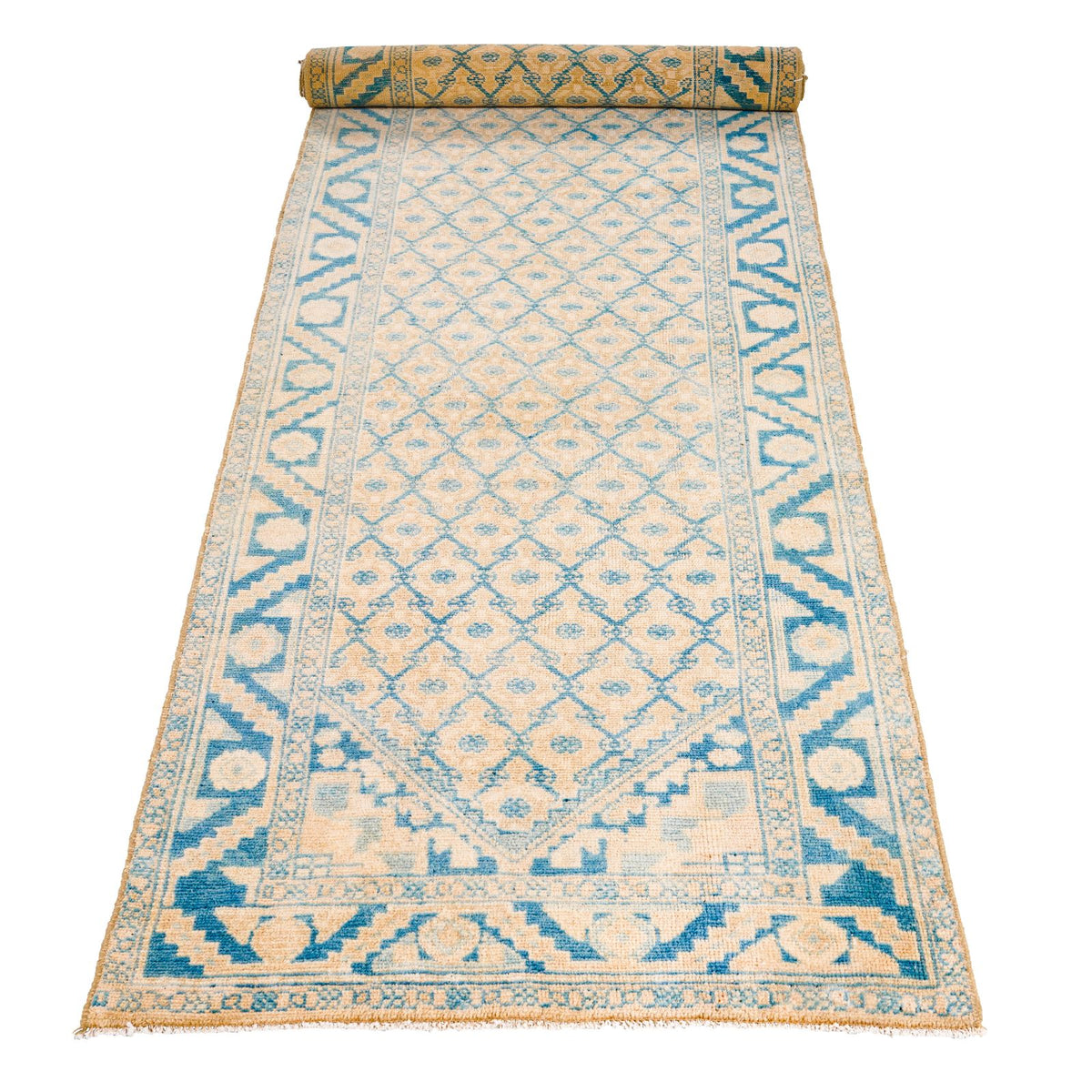 2x9 Beige and Blue Persian Tribal Rug