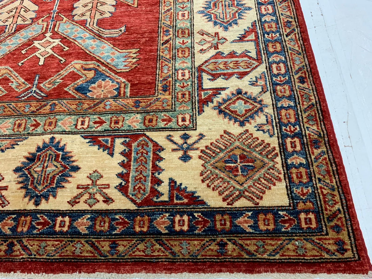8x10 Red and Ivory Kazak Tribal Rug