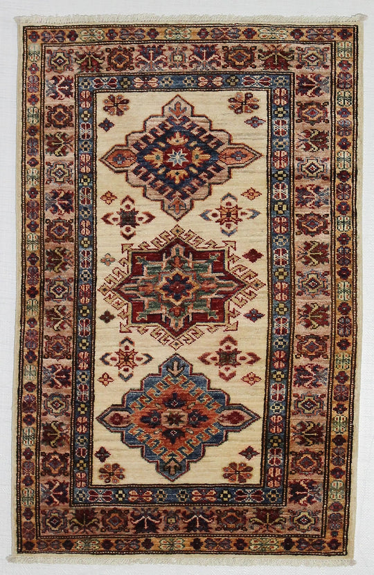3x4 Ivory and Ivory Kazak Tribal Rug