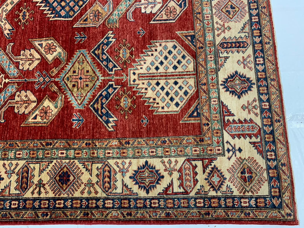 8x10 Red and Ivory Kazak Tribal Rug