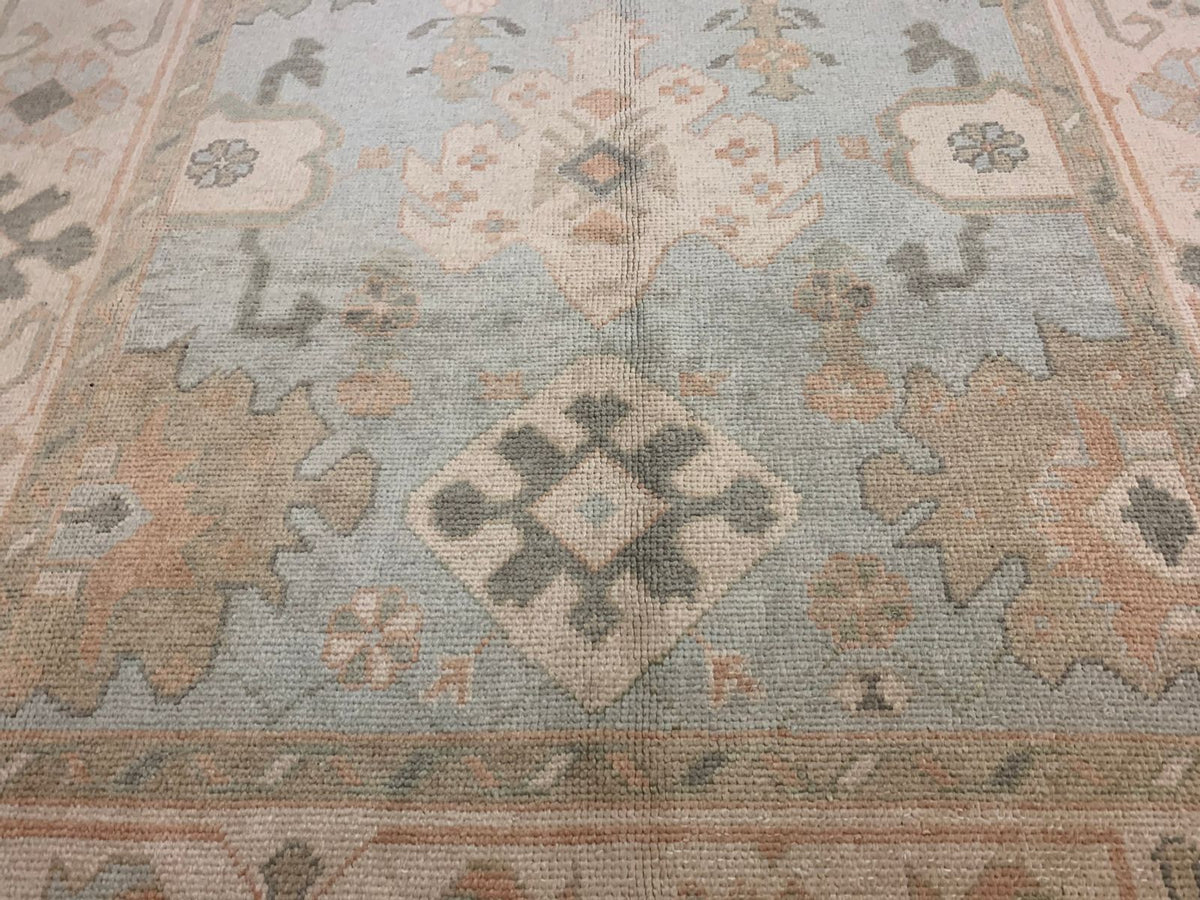 7x11 Blue and Ivory Turkish Oushak Rug