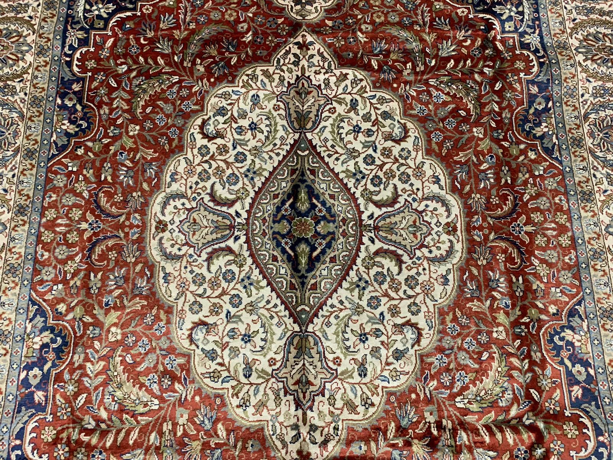 Vintage Handmade 7x10 Red and Ivory Anatolian Turkish Silk Hereke Distressed Area Rug