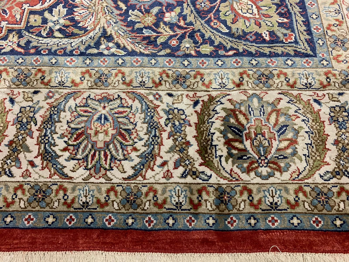 Vintage Handmade 7x10 Red and Ivory Anatolian Turkish Silk Hereke Distressed Area Rug