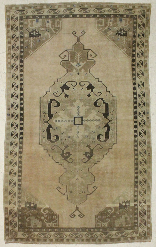 6x10 Ivory and Brown Turkish Tribal Rug