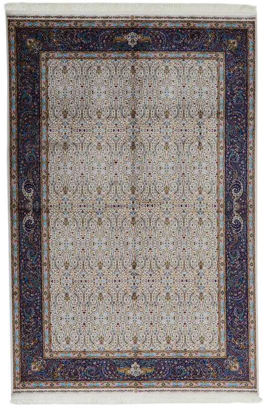 7x10 Ivory and Navy Turkish Antep Rug