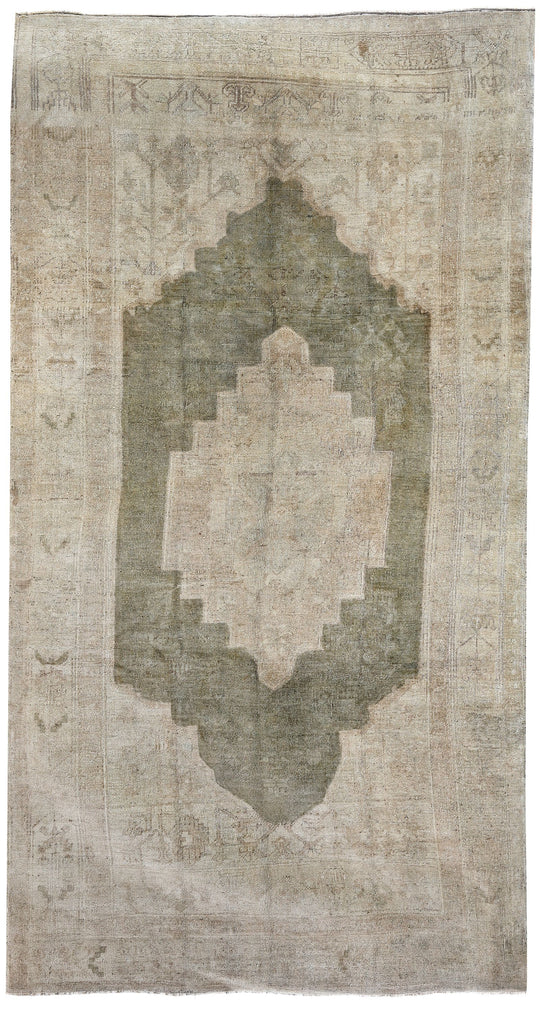 5x9 Green and Beige Turkish Tribal Rug