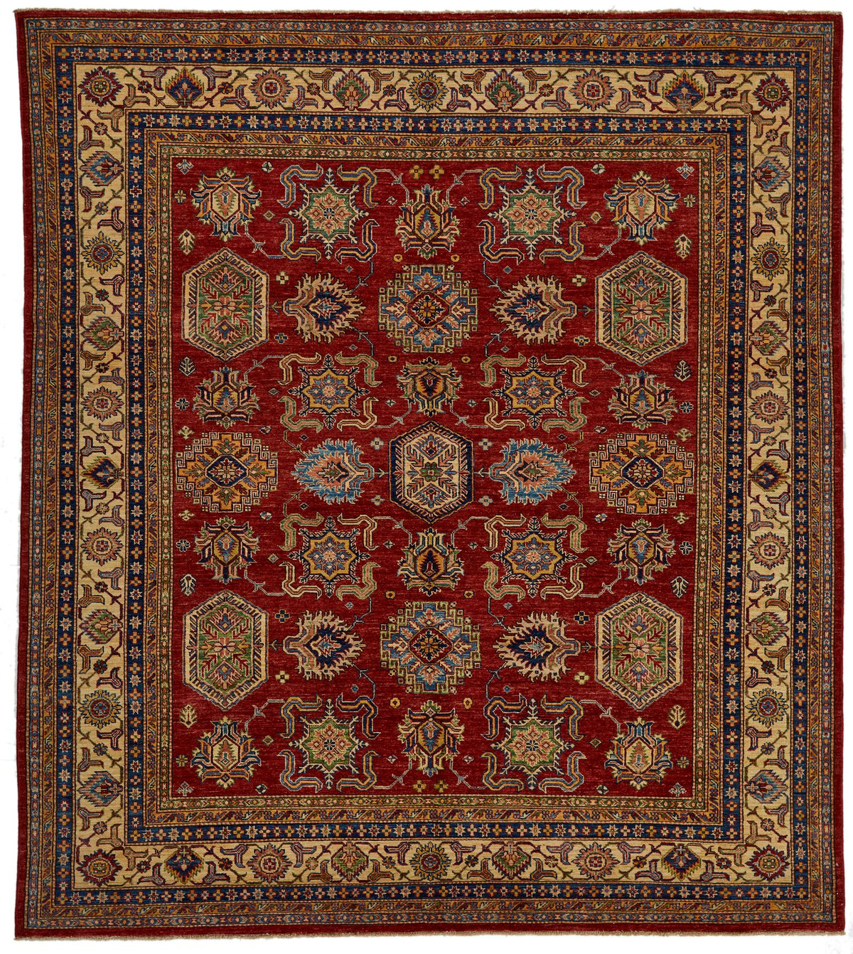 8x9 Red and Ivory Kazak Tribal Rug