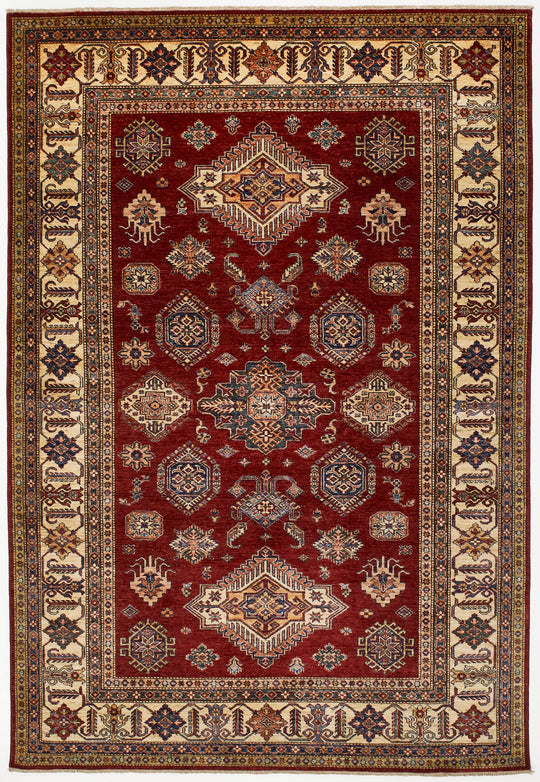 7x10 Red and Ivory Kazak Tribal Rug