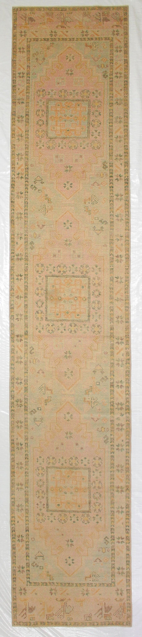 3x15 Green and Pink Turkish Oushak Runner