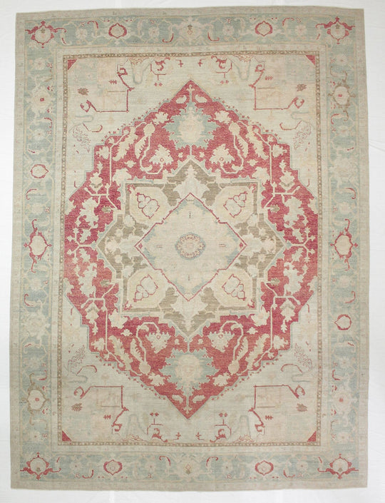 9x13 Red and Light Blue Turkish Oushak Rug