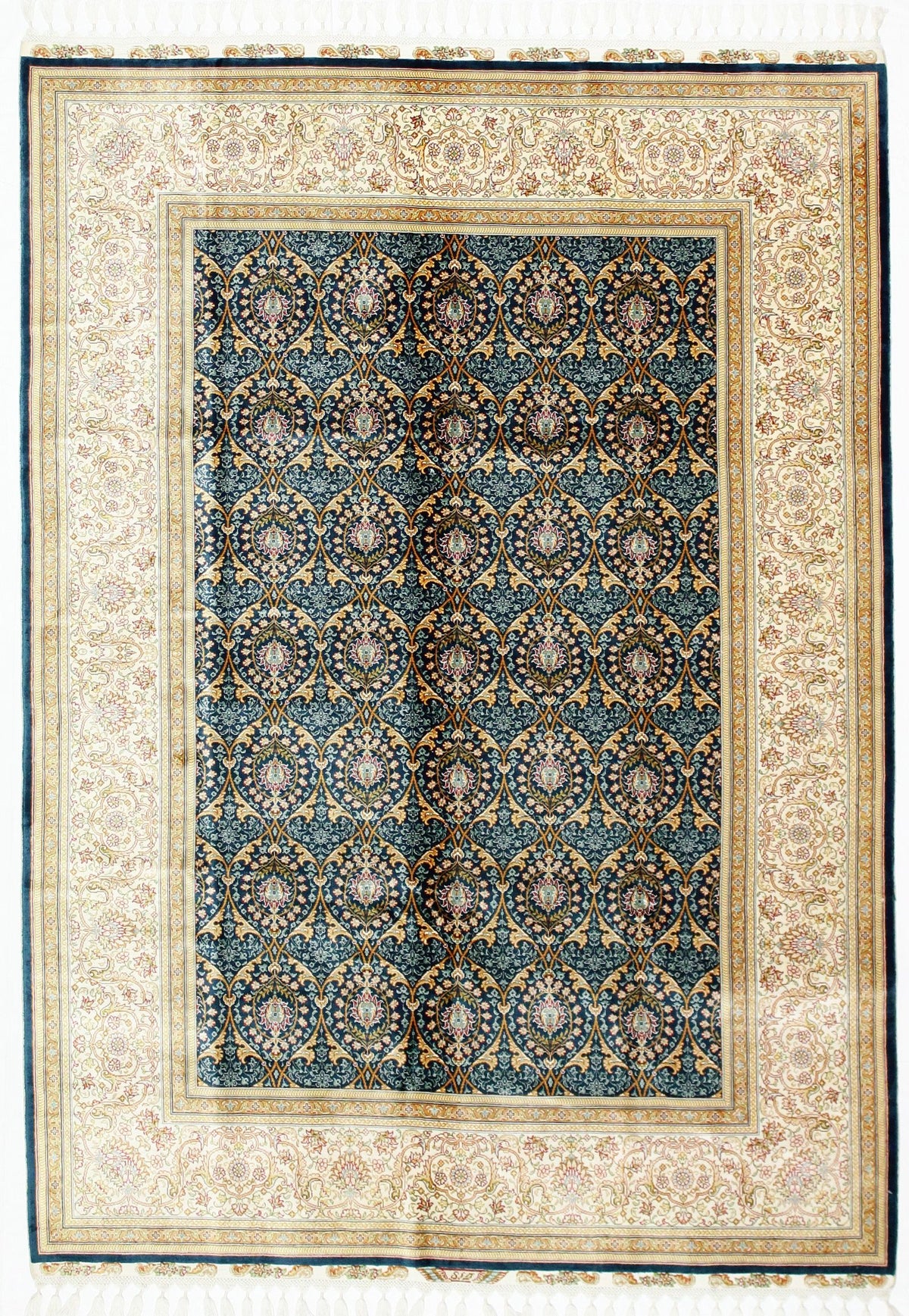 6x8 Blue and White Turkish Silk Rug