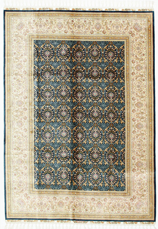 6x8 Blue and White Turkish Silk Rug