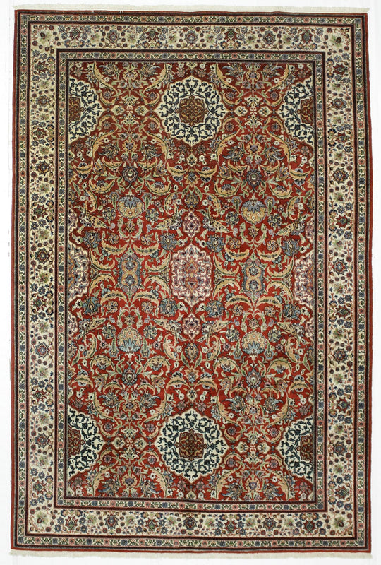 7x10 Beige and Red Turkish Silk Rug