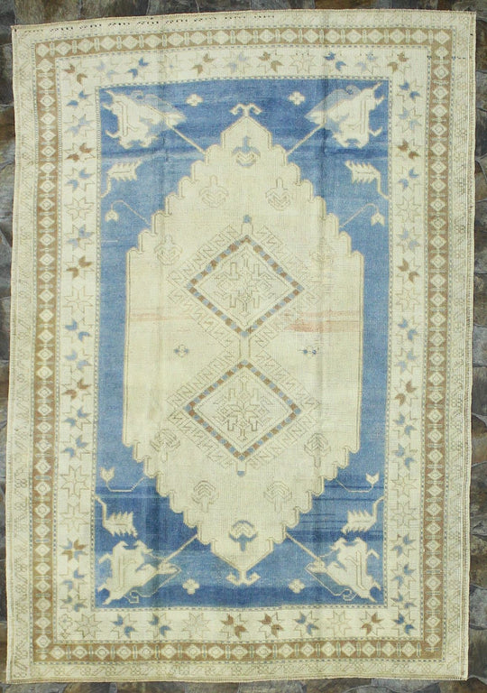 Vintage Handmade 5x8 Blue and Beige Anatolian Turkish Tribal Distressed Area Rug