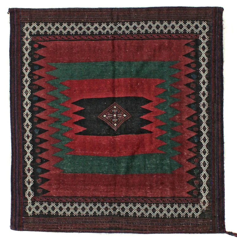 Vintage Handmade 5x5 Red and Green Anatolian Turkish Tribal Distressed Area Rug
