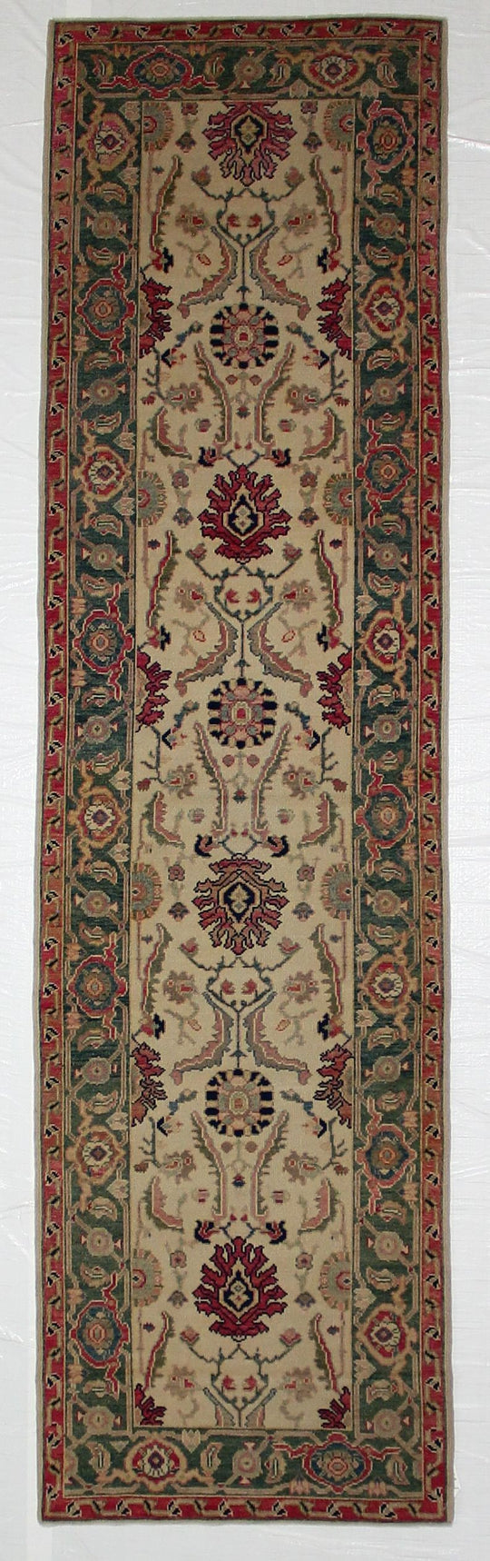 3x10 Ivory and Green Turkish Oushak Runner