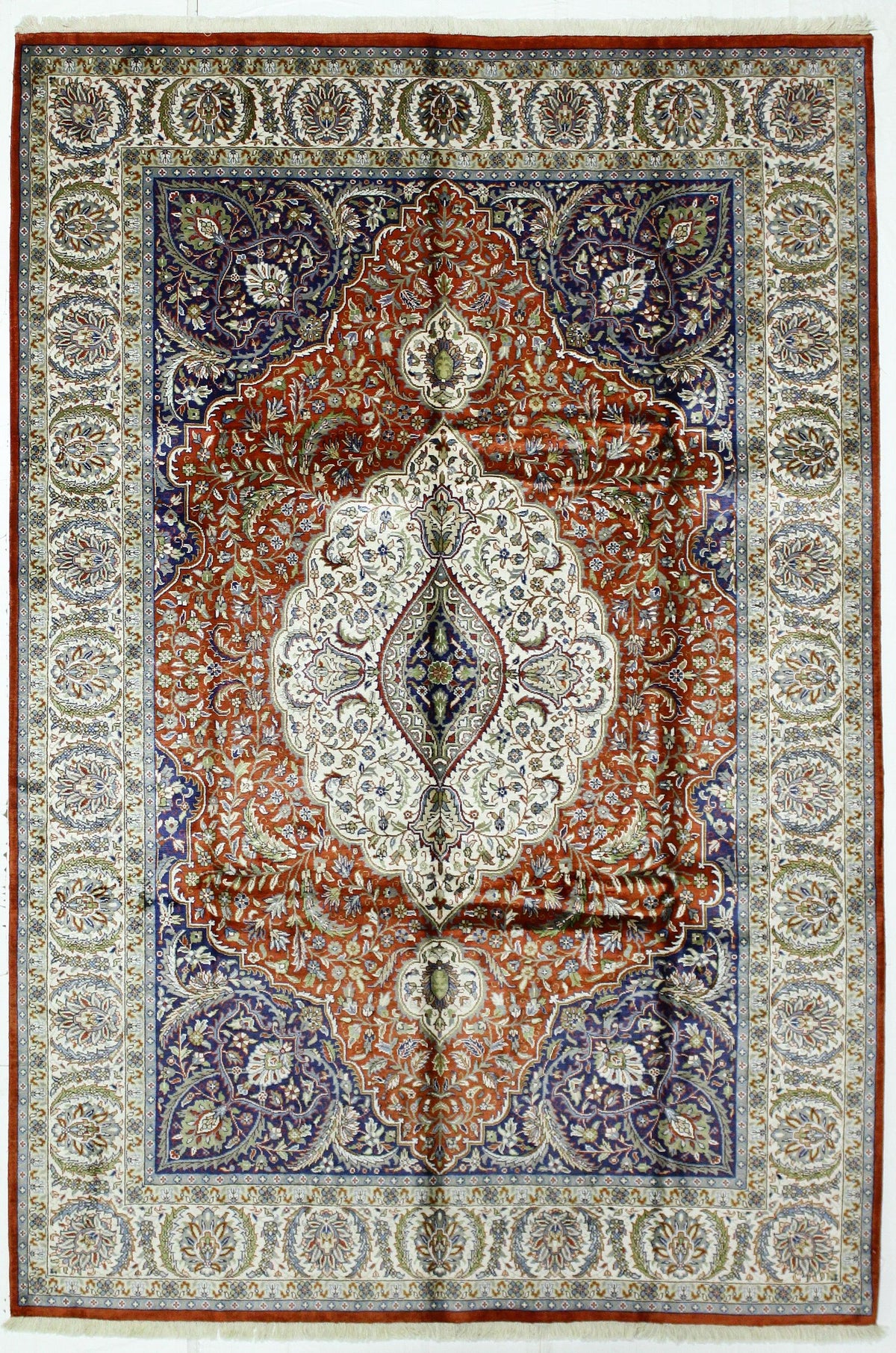 Vintage Handmade 7x10 Red and Ivory Anatolian Turkish Silk Hereke Distressed Area Rug