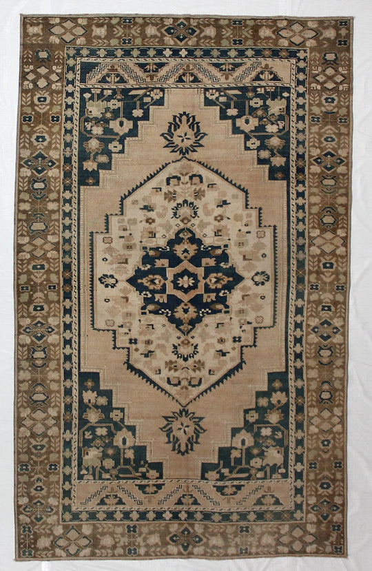 6x10 Ivory and Blue Turkish Tribal Rug