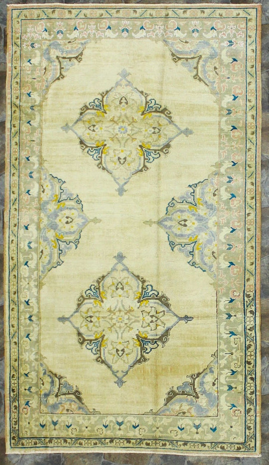 4x7 Beige and Green Turkish Tribal Rug