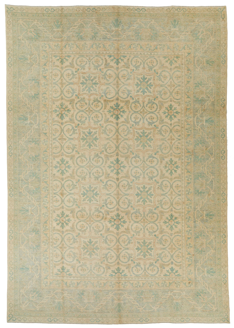 10x14 Ivory and Green Turkish Traditional Rug