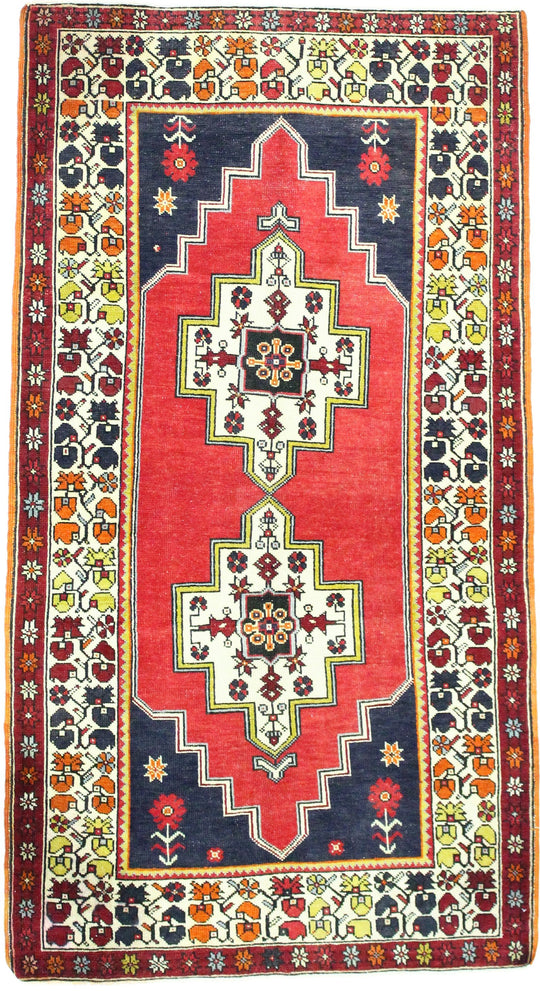 4x7 Red and Ivory Turkish Tribal Rug