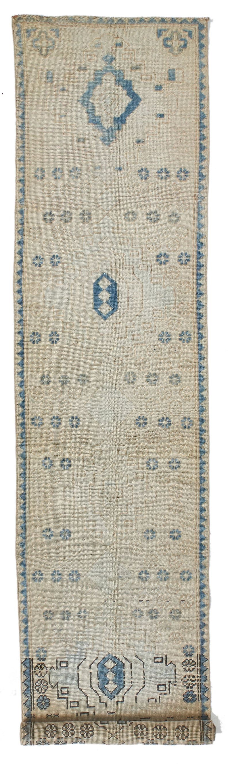 3x13 Beige and Blue Turkish Oushak Runner