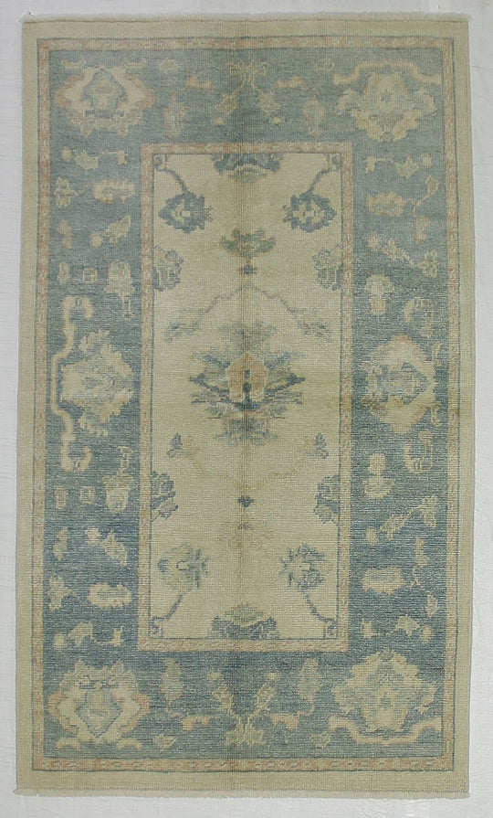 4x6 Ivory and Blue Turkish Oushak Rug