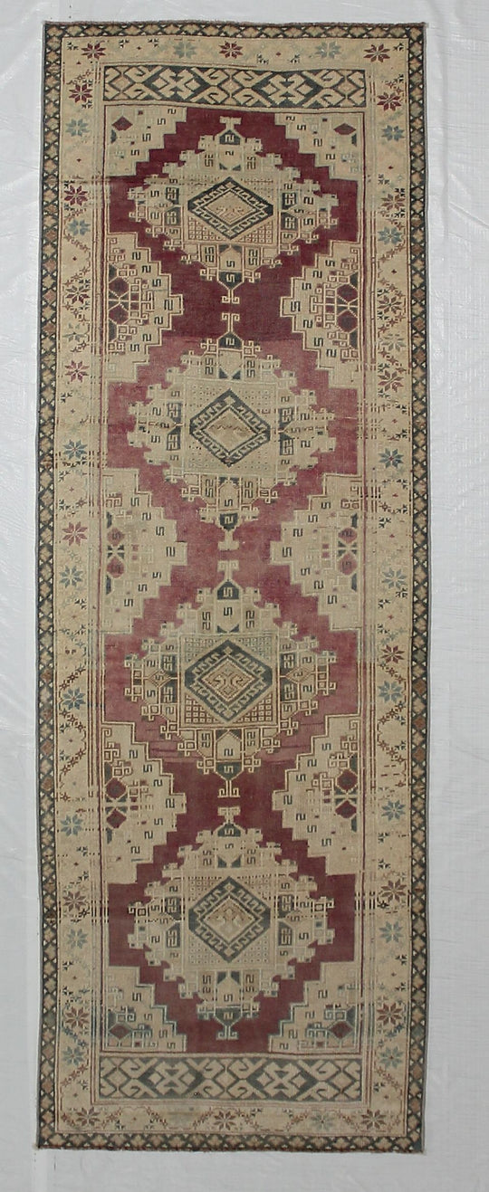 3x9 Purple and Beige Turkish Tribal Runner