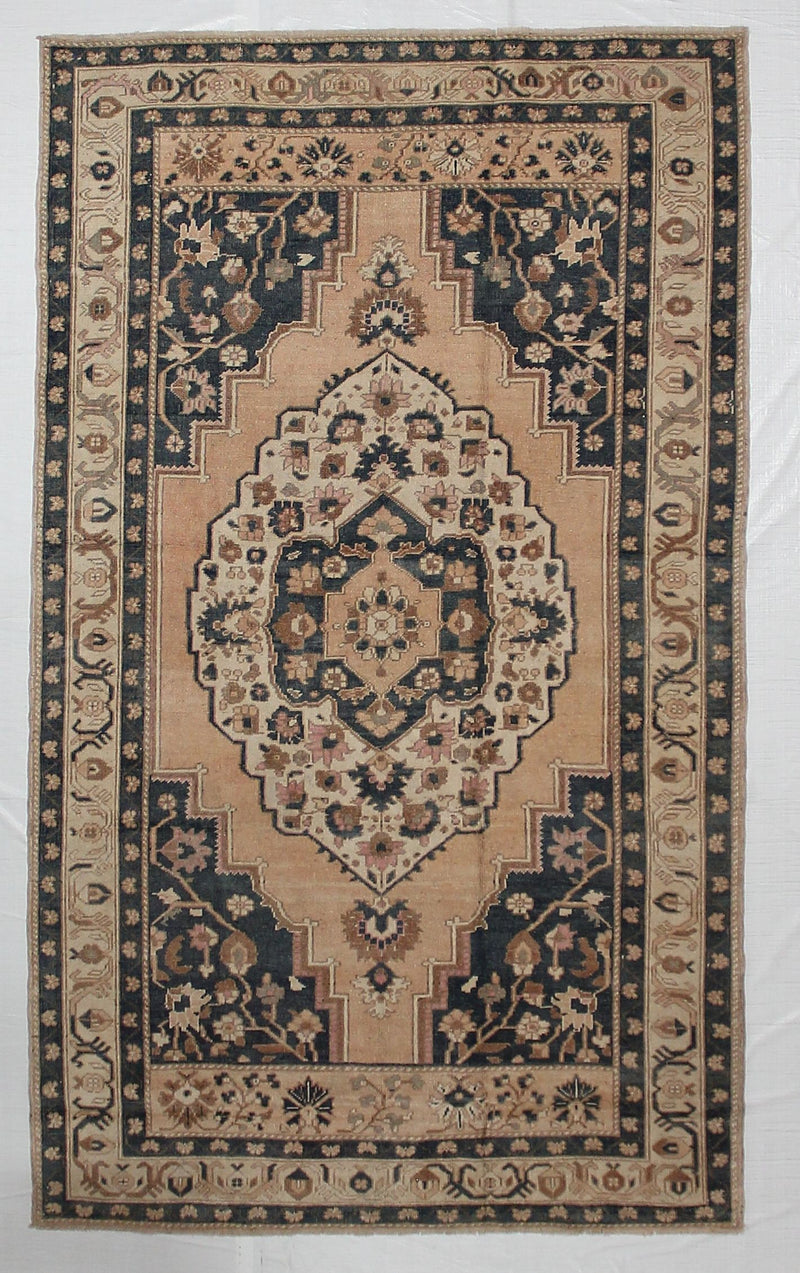 5x9 Blue and Beige Turkish Tribal Rug