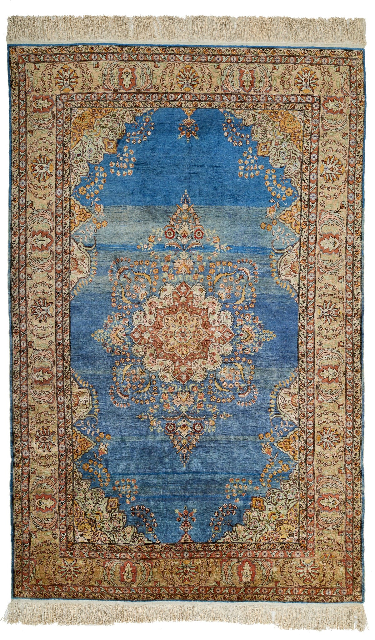 5x8 Blue and Ivory Turkish Silk Rugv