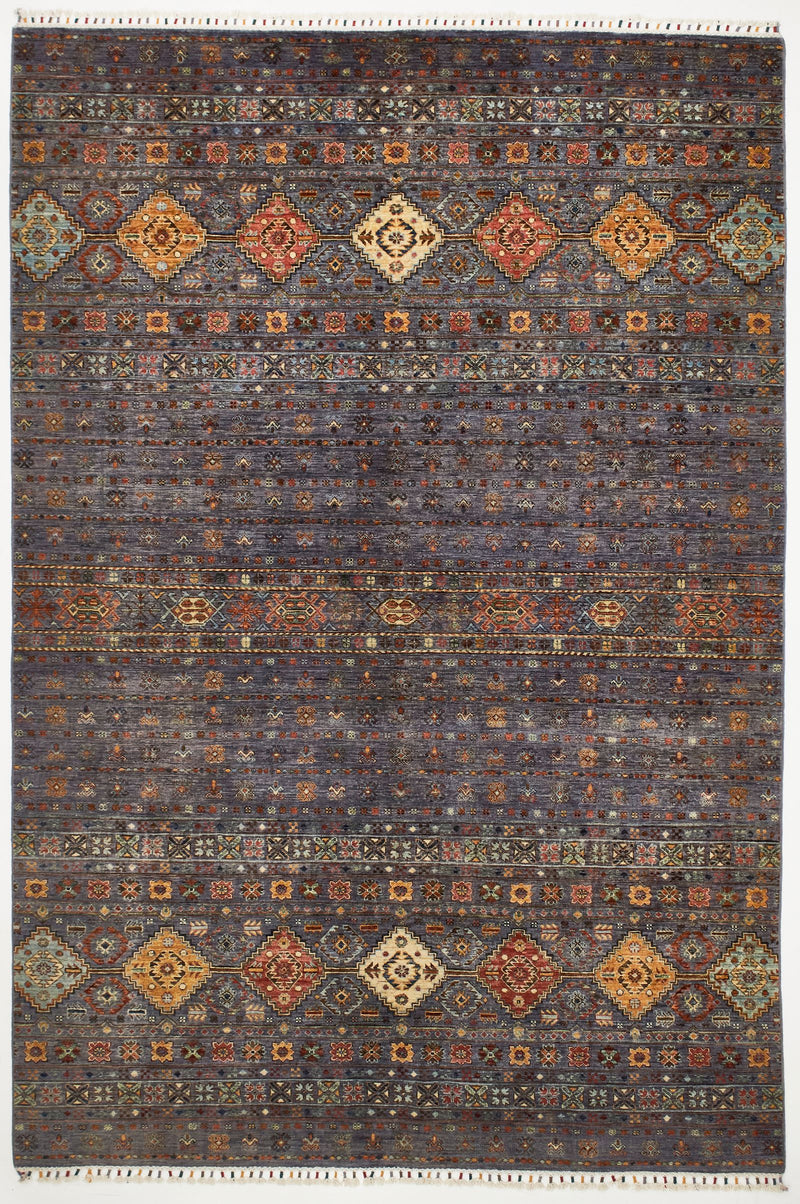 7x10 Gray and Multicolor Tribal Rug