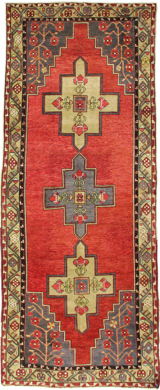 Vintage Handmade 5x12 Red and Beige Anatolian Turkish Tribal Distressed Area Runner